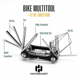 Bike Multitool - Bike Tool Kit -12 In 1 Lightweight Stainless Steel Bicycle Multi tool - Safety Locking, Survival Gear With Hex Key, Screwdriver, Chain Cutting Tool by Hayvenhurst