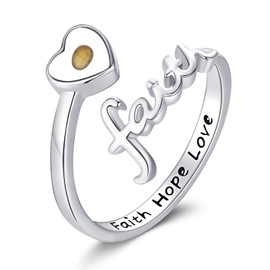 KiiKii Mustard Seed Ring 925 Sterling Silver Faith Hope Love Adjustable Rings Catholic Jewelry Birthday Gifts for Women