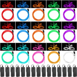 15 Pack EL Wire Portable Neon Lights Cuttable Neon Glowing Strobing Electroluminescent Light Battery Powered LED Lights Glow in The Dark Costume with Battery Pack for Party (5 Meter)