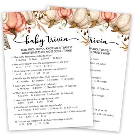Baby Shower Game Cards, Fall Baby Trivia Game Kit, Gender Reveal Party Supplies Favors, Pumpkins Baby Shower Activity Decorations, Baby Shower Gifts, 25 Game Cards Included -01