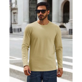Cotrasen Men's Long Sleeve T-Shirts Cotton Casual Crew Neck T Shirts for Men Moisture Wicking Breathable Soft Plain Basic Tee Shirts Khaki 2XL
