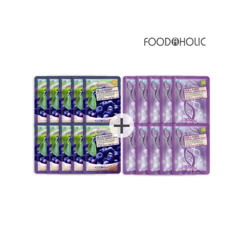 (20 sheets/Blueberry + Collagen) Food 3D Natural Essence Mask Pack