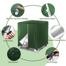 Green Zipper IBC Tote Cover Barlic 275 Gallon Tote Cover 420D with Zipper for 1000L Outdoor Rain Barrel Water Tank