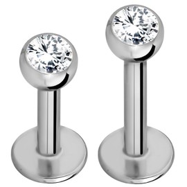Forbidden Body Jewelry 16G-18G Internally Threaded Solid Titanium Tragus/Helix Earring/Labret Stud with CZ Ball Top, Titanium, cubic-zirconia