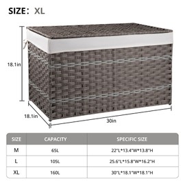 OIAHOMY Extra Large Storage Basket with Lid, 42.3 Gallon (160L) Blanket Basket with Removable Liner Bag, Wicker Basket with Handle, Foldable, Handwoven Basket for Bedroom, Living Room, Grey