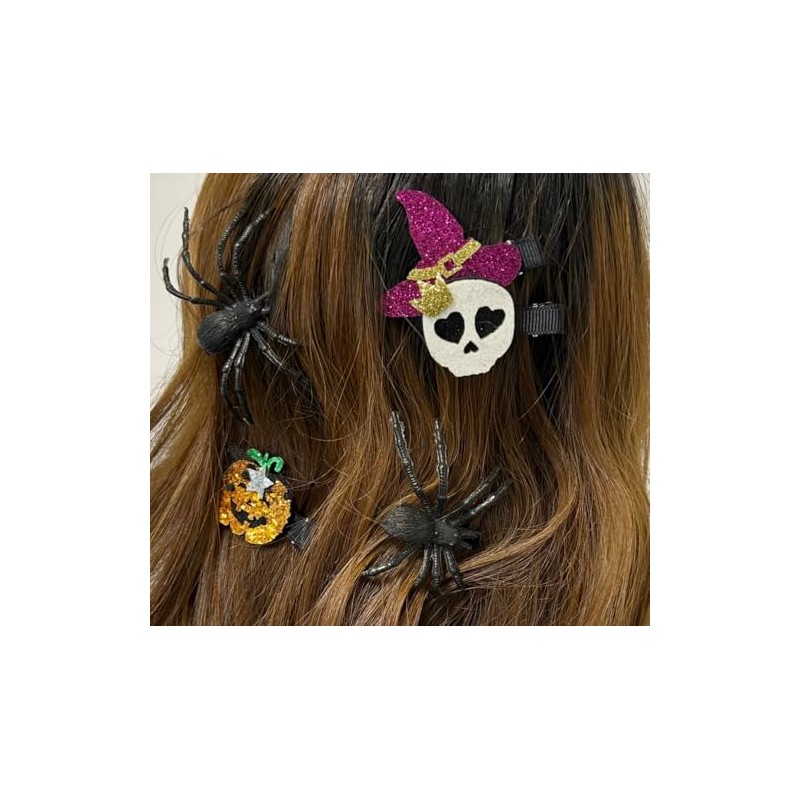 Halloween Spider Hair Clips Set, Glitter Skull Slides, Witch Hat,