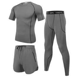 Wayleb Men's Fitness Clothing Men's Workout Clothing Outfit Sportswear 3-Piece Compression Set Tracksuit Breathable Compression Shirts for Men, gray