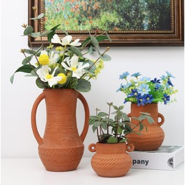 Dheureka Terracotta Vases Sets of 3, Farmhouse Decor, Ceramic Vase for Flower, Wide Mouth Rustic Home Decor Vases for Flowers, Living Room, Table,Shelf and Accessories, Terracotta