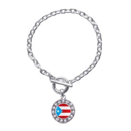 Inspired Silver - Puerto Rico Flag Silver Toggle Bracelets for Women - Circle Charm Bracelet Jewelry Gift with Cubic Zirconia - Women's Charm Bracelet with Sturdy Toggle Clasp