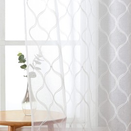 Bujasso White Sheer Curtains 63 inch 2 Panels Embroidered Geometric Light Filtering Window Curtains for Living Room Bedroom Modern Moroccan Window Treatment Set White Drapes Grommet Top W38 xL63 x2