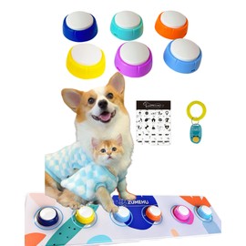 Dog Buttons for Communication 6 Color Dog Training Clicker Pre-Installed Batteries Talking Buttons Set with Mat, Clicker, Stickers Recordable Push Buttons for Cats & Small Dogs