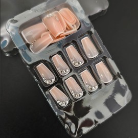 24Pcs Nude Press on Nails Short Coffin Shaped White Border Fake Nails with Sparkly Rhinestones Gems Designs Shiny Glossy Nude Pink Acrylic Nails Full Cover Natural Glue on Nails Kit for Women