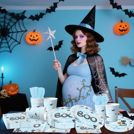A Little Boo Is Almost Due Baby Shower Boy,144pcs Halloween Baby Shower Plates and Napkins Cups for Boo baby shower Decorations,Serves 24