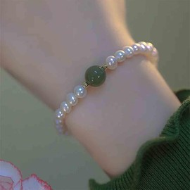Aneneiceera Vintage Freshwater Pearl Bracelet Green Jade Beads Bracelet White Strand Beads Bracelet Natural Gemstone Bracelet Hand Chain Jewellery for Women, Zinc