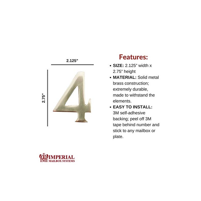 Self-Adhesive 3" inch Imperial Brass Mailbox Number # 4