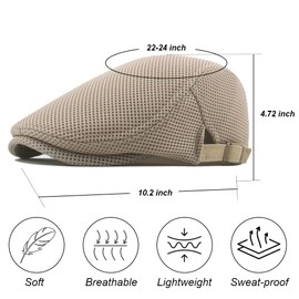 meioro Mens Summer Flat Cap Mesh Breathable Newsboy Hat Adjustable Beret Ivy Cap Cabbie Driving Hats（Khaki）