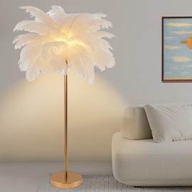 LZSlamp Feather Floor Lamp for Living Room, Ostrich Feather Floor Lamp 3 Color Temperatures, Rose Gold Color Body Funky Floor Lamps for Living Room, House Warming Gifts New Home Decor (White, 63in)