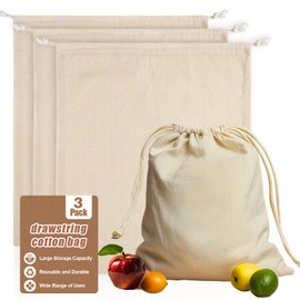 RAINFLOW Cotton Storage Bags With Drawstrings 3 Pack 15x17 Inch Reusable Produce Bags Cotton Produce Bags Washable Muslin Storage Bags for Fruit Onion Storage Clothes Shopping Home Supplies