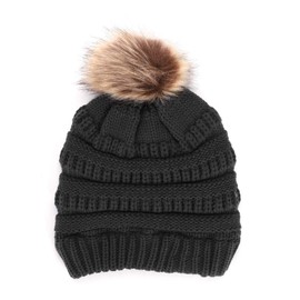Women Winter Warm Beanie Hat Knitted Faux Fur Pom Pom Hat Bobble Hat Chunky Beanie Hat Wool Crochet Knit Hat Beanies Thickened Fleece Lined Thermal Skiing Hat with Black Headband