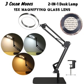 15X Magnifying Glass with Light, Table Lamp with Stand and Clamp, 2-in-1 LED Desk Lamp with Magnifier, 3 Color Modes, 72 LEDs, Real Glass Lens for Close Works, Craft, Hobby, Painting, Reading, Repair