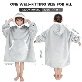 IvyH Oversized Wearable Blanket Hoodie, Fleece Blanket Hoodie for Girls Cozy and Warm Oversized Blanket for Kids, Soft Sherpa Hoodie Blanket with Giant Pocket One Size Fits Kids(Light Grey)