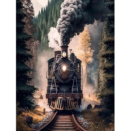 PUAGEMTI DIY Forest Train Diamond Painting Kit for Adults, Diamond Art Landscape Round Rhinestone Diamond Painting Accessories, Crafts Cross Stitch Embroidery 12x16 inch