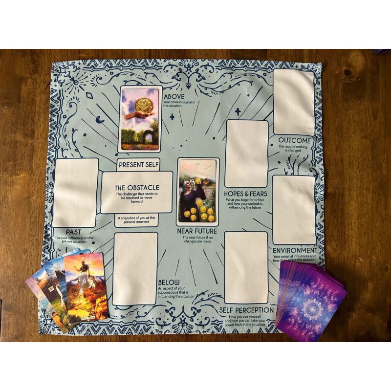 Celtic Cross Assistant Tarot Reading Spread Cloth, Blue Boho Design