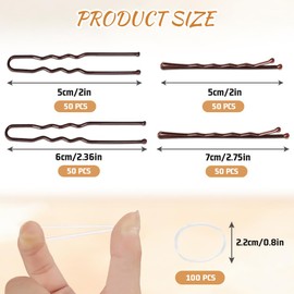 Aucuu 300 pcs Bobby Pins Kit, 100 Brown Waved Hair Pins（50pcs L+50pcs S）, 100 Brown U Shaped Hair P-ins（50pcs L+50pcs S）,100 White Elastic Bands, with Storage Box, for All H-air Types