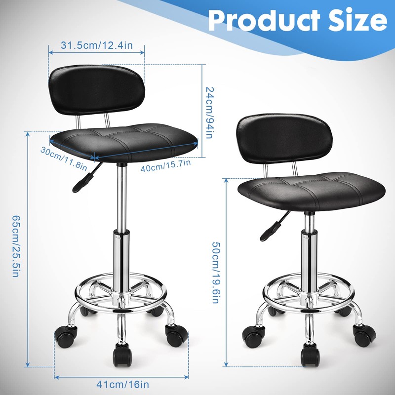 HMTOT Square Rolling Stools with Backrest Height Adjustable Swivel Stool