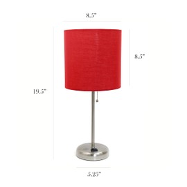 Simple Designs LT2024-RED Brushed Steel Stick Table Desk Lamp with Charging Outlet and Drum Fabric Shade, Red Shade