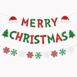 Yahpetes Christmas Party Decoration 1 Pcs Merry Christmas Banner Red & Green Glittery Christmas Bunting Garland Snowflake Party Supplies for Indoor Room Ceiling Wall Window Home School (Red and Green)