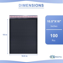 Black 10.5x16 Inch Large Poly Bubble Mailers #5 | Padded Envelopes with Self Seal | Air Lined Cushioned Bubble Mailer | Usable Size 10.5x15 | 100 Pack Bulk | Lightweight shipping Bags | Made in USA