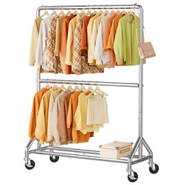 AOODA 50'' W Heavy Duty Clothes Rack for Hanging Clothes, Double Rods Industrial Clothing Rack with Wheels, Sturdy Rolling Garment Rack for Shirts, Coats, Jackets (Silver)