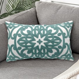 Alysheer Embroidered Lumbar Decorative Throw Pillow Cover 12"x 20", Classic Boho Mandala Embroidery Pattern Cotton Farmhouse Rectangular Cushion Case for Sofa Couch Living Room Bedroom(Dusty Blue)