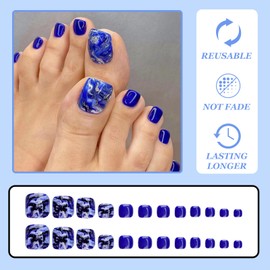 Pack of 24 False Toenails, Short Square, 12 Sizes, Nude Artificial Toenail Tips with Nail Glue Sticker, Blue Shiny French Toenails for Sticking, Acrylic Toe Nails for Women