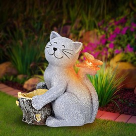 Cat Garden Statues Outdoor, Solar Cat Statues, Decoration with Cat Holding Butterfly for Yard, Waterproof Resin Sculpture with Solar Lights Used To Decorate Outdoor Garden (03)