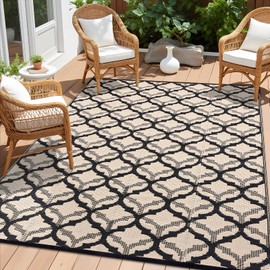 OLANLY Reversible Outdoor Rug 8x10 ft Clearance, Waterproof Outdoor Plastic Straw Rug with Interlacing Pattern, RV Mat for Patio, Camping, Balcony, Deck, Backyard, Black & Beige
