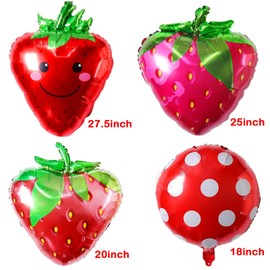 4 Pcs Strawberry Balloons Huge Red Polka Dot Strawberry Aluminum Foil Balloons for Birthday Fruit Strawberry Baby Shower Decorations Supplies
