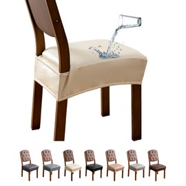 Genina Dining Chair Covers Set of 2, Waterproof PU Leather Dining Seat Covers Stretch Wipeable Dining Room Seat Cover Kitchen Chair Slipcover Protector (Rear-Covered Design, Cream)