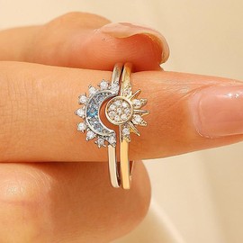 fdsmall Sun and Moon Ring Set for Him and Her Silver Adjustable Couple Ring Anniversary Love Promise Friendship Jewelry Gifts (01)