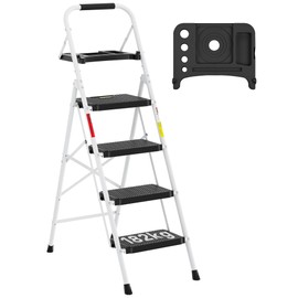 BONTEC 4-Step Ladder, Folding Step Stool with Tool Platform, Wide Anti-Slip Pedals, Max Load Capacity 400lbs Sturdy Steel Ladder, Lightweight Portable Ladder, Tall Step Ladder for House Use, White