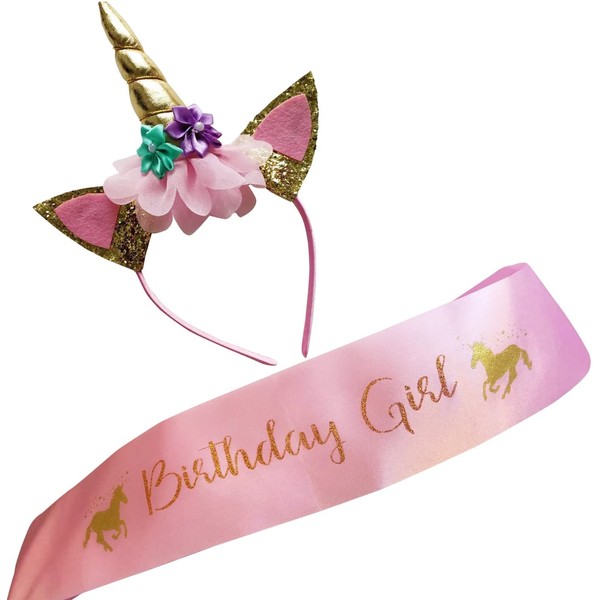Marvs Store Unicorn Birthday Girl Set of Gold Glitter Unicorn Headband and Pink Satin Sash for Girls with eBook included,Happy Birthday Unicorn Party Supplies, Favors and Decorations - 2021