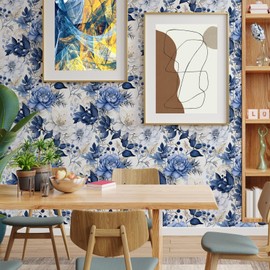 MAGAFA Booming Peony Floral Wallpaper Peel and Stick Wallpaper Blue/White Self Adhesive Removable Leaf Wallpaper Floral Contact Paper Nursery Bedroom Mural Wall Decorative 17.7"x236.2"