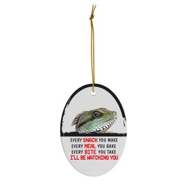 Every Snack You Make I'll Be Watching You Green Bearded Dragon Christmas Ornament - Funny White Oval Ceramic Decoration Gifts for Dragon Lovers