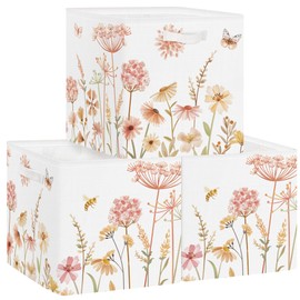 Clastyle Storage Box 3 Pieces Boho Flower Beige Storage Basket Kids Butterfly Fabric with Handles Storage Cube Organiser Folding for Toys Books Clothes