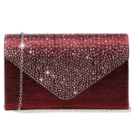Dasein Women Satin Evening Bag Rhinestone Clutch Purse Wedding Prom Purse Formal Cocktail Party Handbag (Burgundy red)