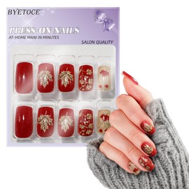Fall Press on Nails Medium Square Fake Nails Glitter Gold False Nail Burgundy and Maple Leaves Design Autumn Full Cover Gel Artificial Nails Stick on Nails for Women Girls 24 PCS