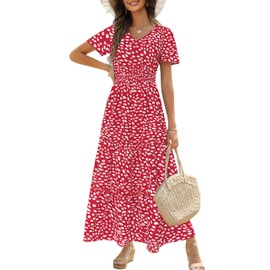 Zattcas Summer Maxi Dresses for Women 2025 Short Flutter Sleeve V Neck Smocked Waist Tiered Flowy Modest Boho Casual Long Floral Dress with Pockets Redwhite S