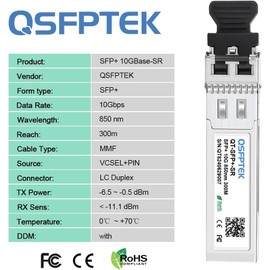 QSFPTEK (10 Pack 10GBASE-SR SFP+ Module 10G 850nm 300M DDM LC Port Multimode SFP+ Transceiver Compatible with Cisco SFP-10G-SR, Ubiquiti UF-MM-10G, Mikrotik, Supermicro