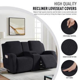 KinCam Loveseat Recliner Covers with Middle Console Slipcover, Recliner Sofa Covers 2 Seat Couch Cover Stripe Jacquard Furniture Protector Covers with Elastic Bottom for Kids, Pets (Black)